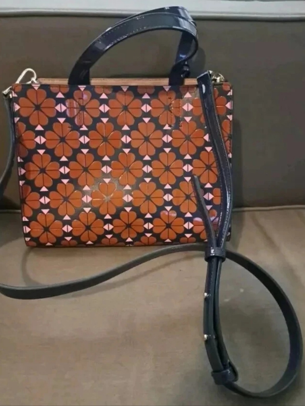 KATE SPADE SAM FLORAL TOTE CROSSBODY PATENT NAVY BLUE BROWN PINK w FOB - Picture 4 of 13